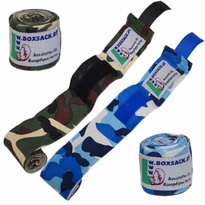 Halbelastische Boxbandagen in Camouflage Grün-Braun und Blau-Weiß mit Daumenschlaufe und Klettverschluss.