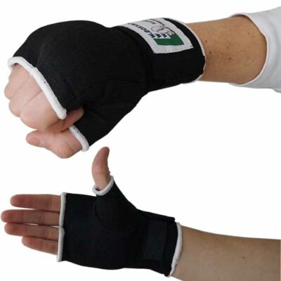 Schwarze Easy Wrap Bandage mit weißem Einfassband, Vorder- und Rückansicht.