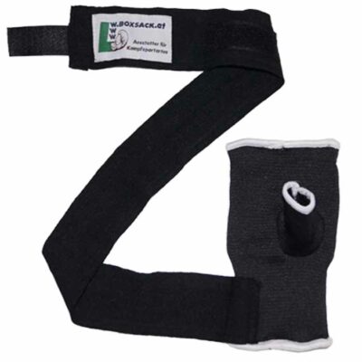 Easy Wrap Schlupfbandage in Schwarz mit angenähter Bandage, vollständig ausgerollt.
