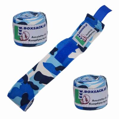 Halbelastische Boxbandagen in Blau-Weißem Camouflage-Design mit Daumenschlaufe und Klettverschluss.
