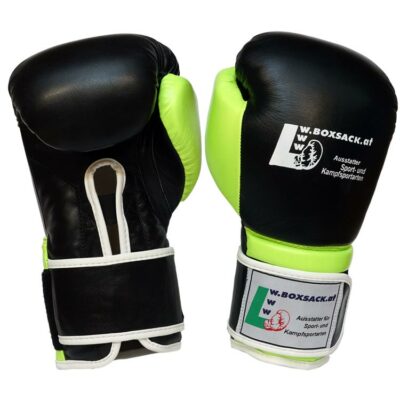 rückansicht der boxhandschuhe force neon green mit breitem klettverschluss und robustem echtleder.