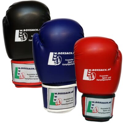 Drei Farben der Boxhandschuhe POWER – FIT (Schwarz, Rot, Blau), aus robustem Kunstleder, Österreich.