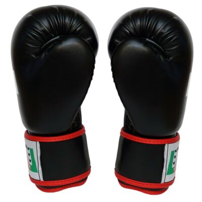 Rückansicht der POWER – FIT Boxhandschuhe in Schwarz mit breitem Klettverschluss, Österreich.