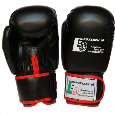 Schwarze POWER – FIT Boxhandschuhe mit angenähtem Daumen und breitem Klettverschluss, Österreich.