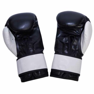 Rückansicht der Black & White Boxhandschuhe mit breitem Klettverschluss, Österreich.