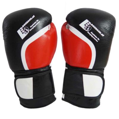 leder boxhandschuhe dominator 2.0 in schwarz, weiß und rot mit breitem klettverschluss und robuster verarbeitung.