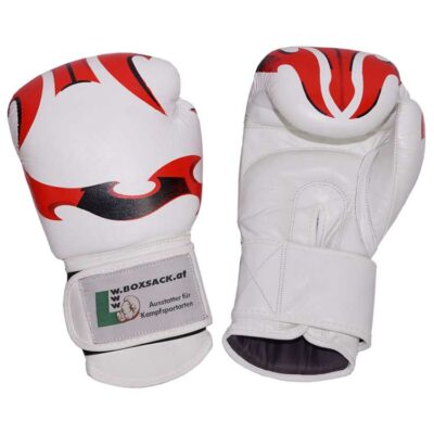 rückansicht der weißen boxhandschuhe fantasy aus rindsleder mit angenähtem daumen und guter belüftung.