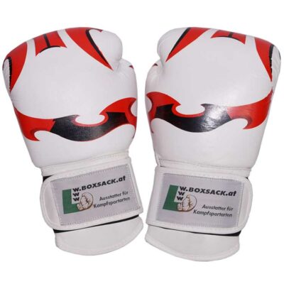 weiße boxhandschuhe fantasy aus feinstem rindsleder, mit breitem klettverschluss und rot-schwarzem design.