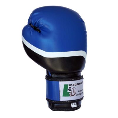 Seitenansicht der Boxhandschuhe Hybrid in Blau-Schwarz mit angenähtem Daumen.