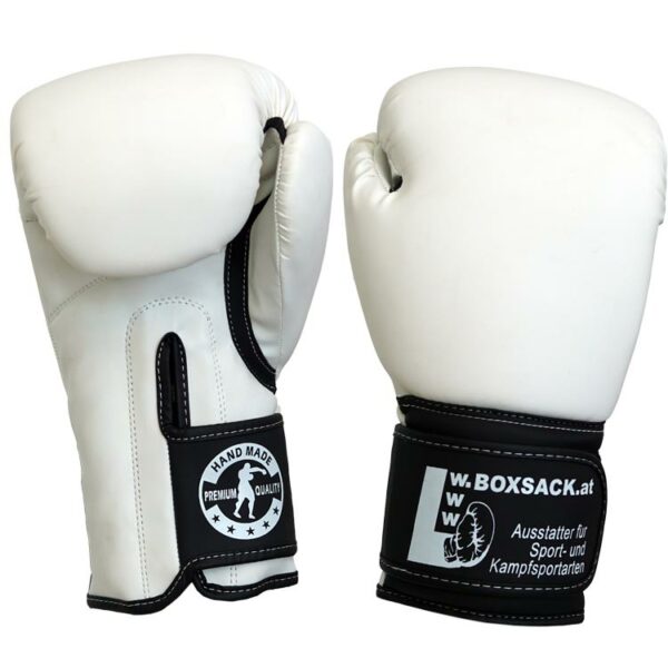 Weiße IMPACT PRO Boxhandschuhe mit breitem Klettverschluss und atmungsaktivem Innenfutter, Österreich.