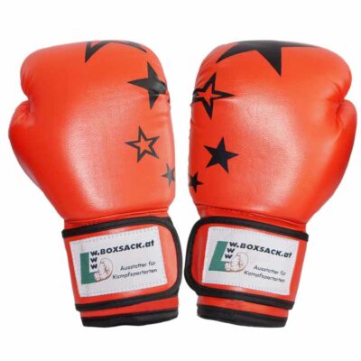 Vorderseite der roten JUNIOR – STAR Boxhandschuhe mit schwarzem Sternendesign, Österreich.