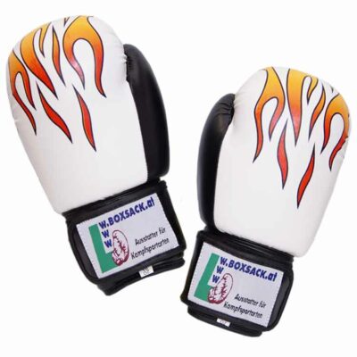 boxhandschuhe strong fire aus kunstleder mit auffälligem flammen-design und breitem klettverschluss.