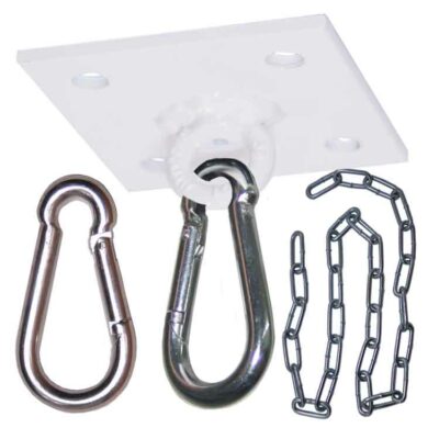 Boxsack Halterung Set mit 4 Löchern in Weiß, inklusive Karabinerhaken und Kette, ideal für Österreich.