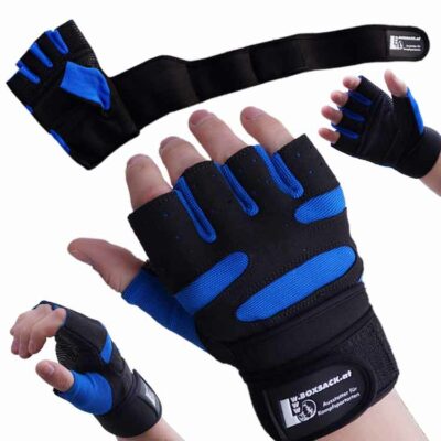 Schwarz-blaue Gewichtheberhandschuhe mit extra langer Handgelenkstütze und rutschfester Grifffläche.