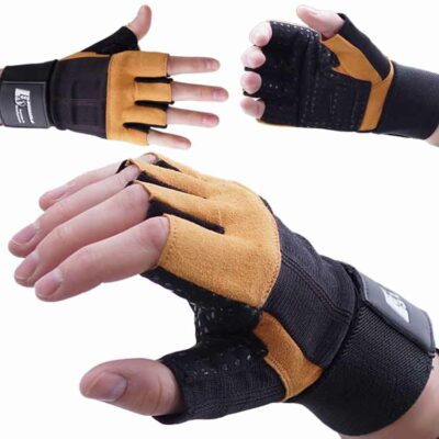 Gewichtheberhandschuhe in Schwarz-Braun mit verstärkter Grifffläche für optimalen Halt beim Krafttraining und Fitness.
