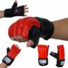 rot-schwarze sandsackhandschuhe fight aus echtem leder, fingerlos, mit gummibandverschluss für gerätetraining.