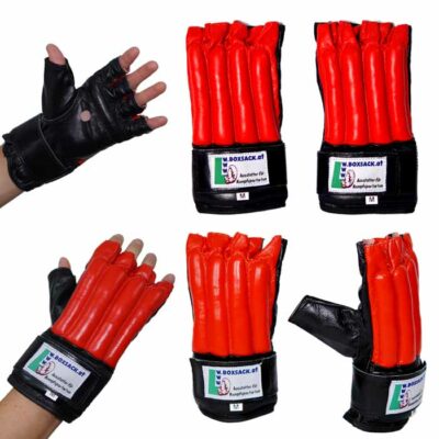 rot-schwarze sandsackhandschuhe fight mit offenem handdesign, aus leder und gummibandverschluss.