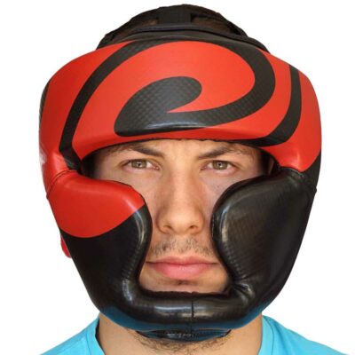 Kopfschutz Kunstleder Schwarz Rot mit Kinn und Ohrenschutz c