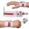 Elastische Kraftbandagen in Weiß mit roten Streifen, ideal für Handgelenksunterstützung beim Sport.