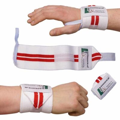 Elastische Kraftbandagen in Weiß mit roten Streifen, ideal für Handgelenksunterstützung beim Sport.
