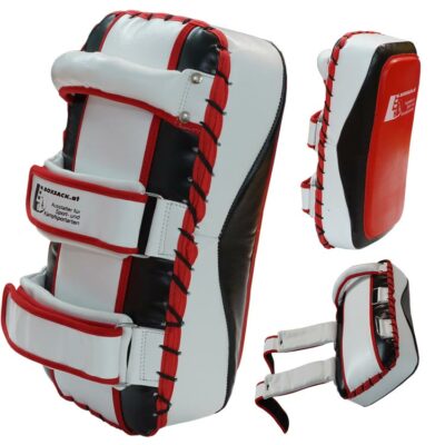 Muay Thai Schlagpolster PLATIN aus robustem Leder in Schwarz, Weiß und Rot mit ergonomischer Form.