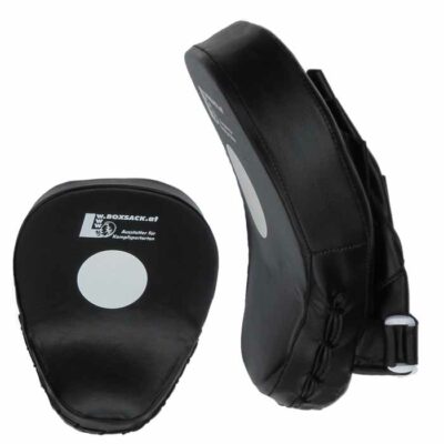 Schwarze Pratzen aus Vinyl mit anatomischer Krümmung und hochwertigem Formschaum, ideal für Schlagdämpfung, Vorderansicht.