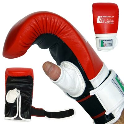 Detailansicht der STRIKE Leder-Sandsackhandschuhe mit verstärktem Klettverschluss.
