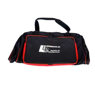 Faltbare schwarze Sporttasche mit rotem Design, platzsparend und leicht zu transportieren.