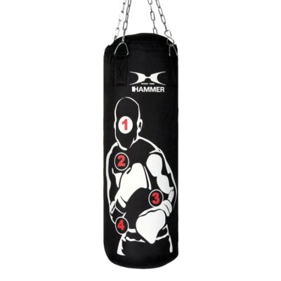 Boxsack Sparring PRO von HAMMER SPORT, schwarz mit weißen Zielmarkierungen und Detailansicht, auf weißem Hintergrund.