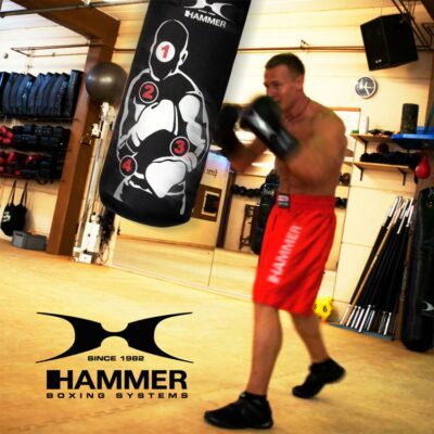 Ein Boxer trainiert mit dem Boxsack Sparring PRO von HAMMER SPORT in einem professionellen Trainingsraum.