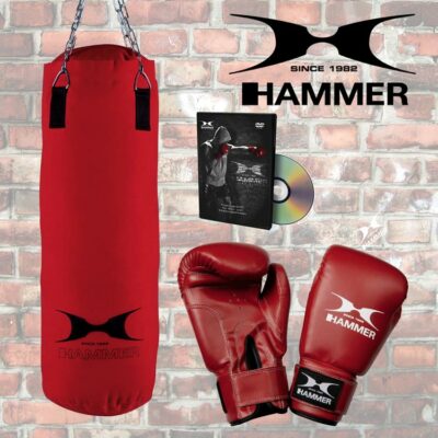 Boxsack-Set mit rotem Boxsack, Boxhandschuhen und Trainings-DVD von Hammer Sport, ideal für das Heimtraining in Österreich.