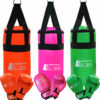 Drei Boxsack-Sets für Kinder in Orange, Pink und Grün mit passenden Boxhandschuhen, ideal für Anfänger in Österreich.