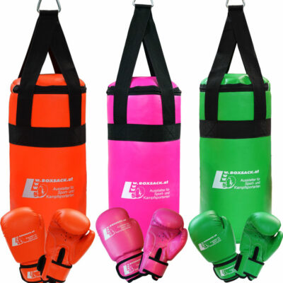 Drei Boxsack-Sets für Kinder in Orange, Pink und Grün mit passenden Boxhandschuhen, ideal für Anfänger in Österreich.