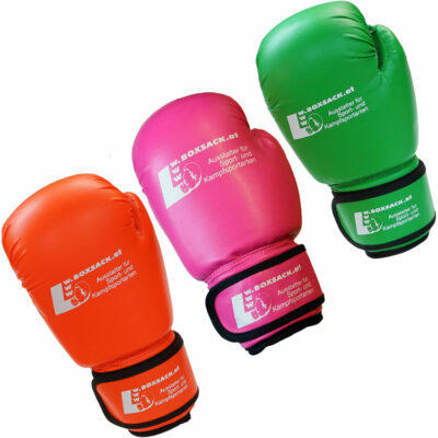 Boxhandschuhe für Kinder in Orange, Pink und Grün, passend zum Junior Boxsack-Set, auf weißem Hintergrund.