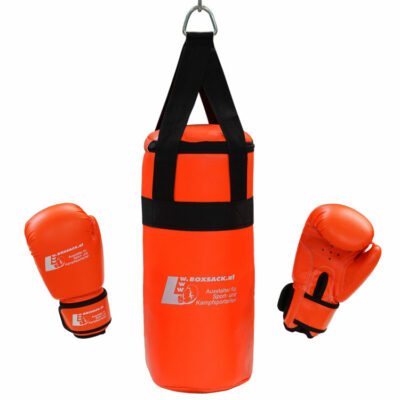 Boxsack Set Junior in Orange mit passendem Paar Boxhandschuhe für Kinder, auf weißem Hintergrund.