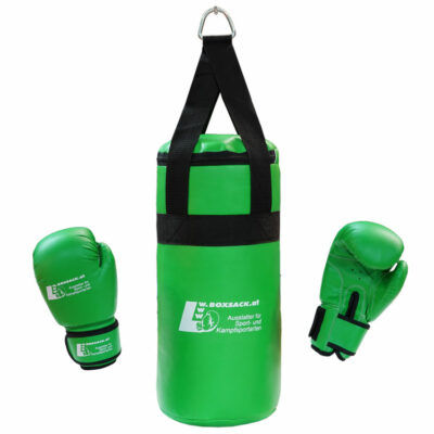 Boxsack Set Junior in Grün mit passenden Boxhandschuhen, speziell für Kinder, auf weißem Hintergrund.