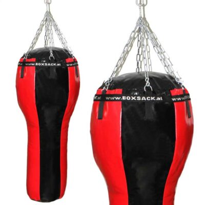 Zwei rot-schwarze Uppercut-Boxsäcke mit robusten Kettenaufhängungen, geeignet für Studio und Profi-Training.