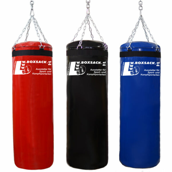 Drei Boxsäcke der Serie Goliat in Rot, Schwarz und Blau, mit Aufschrift '5 Jahre Garantie', auf weißem Hintergrund.