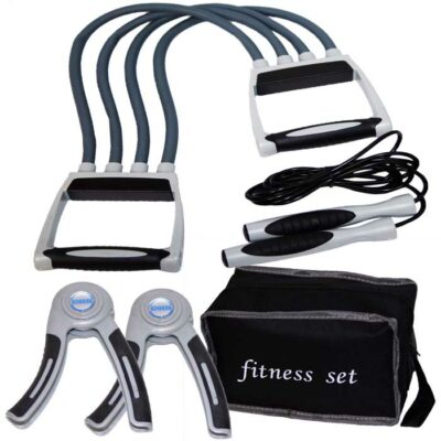 Komplettes Fitness-Set mit Expander, Handtrainern, Springseil und Aufbewahrungstasche für ein vielseitiges Workout.