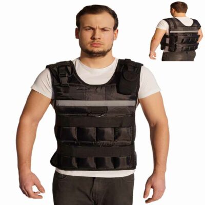 Gewichtsweste PREMIUM in Schwarz mit variablen Gewichten bis 20 kg, ergonomischer Passform und doppeltem Verschluss für optimalen Halt.
