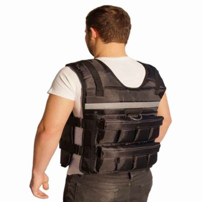 Rückansicht der Gewichtsweste PREMIUM mit verstellbaren Gewichten und ergonomischer Passform für maximalen Tragekomfort.
