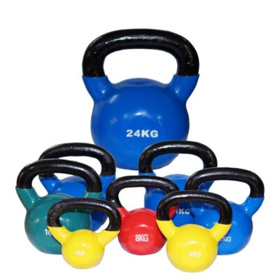 Blaue Kettlebell aus Stahl mit schwarzem Griff und einer Gewichtsanzeige von 24 kg.