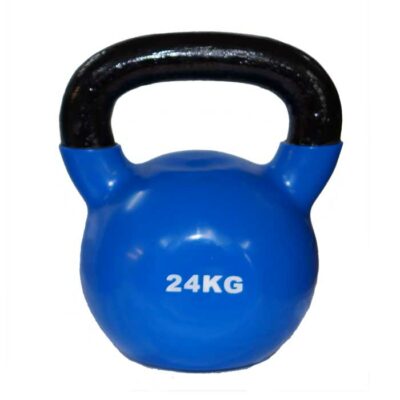 Verschiedene Kettlebells aus Stahl mit farbiger Gummibeschichtung und Gewichtsangaben von 6 bis 24 kg.