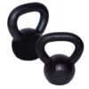 Zwei schwarze Kettlebells aus lackiertem Stahl mit eingeprägter Gewichtsangabe, ideal für Krafttraining und Functional Fitness.