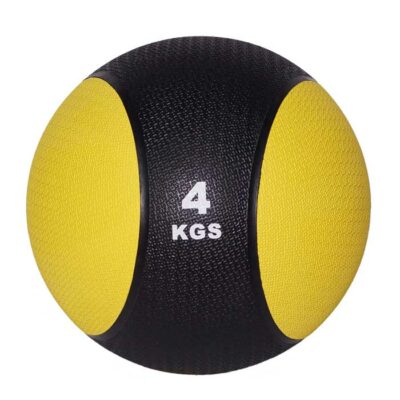 Gelber Medizinball mit 4 kg Gewicht und strukturierter Oberfläche für sicheren Halt.