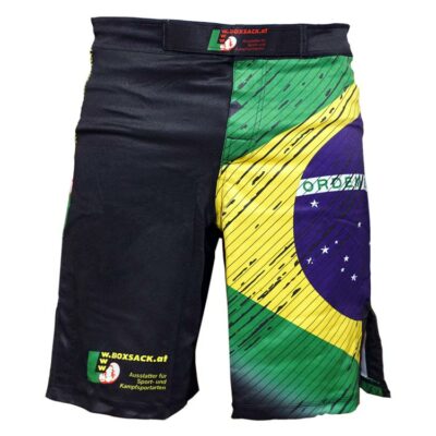 MMA Shorts in Schwarz mit brasilianischem Flaggen-Design, elastischem Bund und verstärktem Klettverschluss.