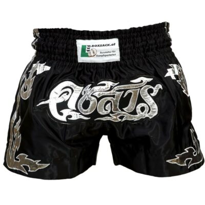 Muay Thai Shorts in Schwarz-Silber mit traditionellem Thai-Design und elastischem Bund.