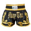 Muay Thai Shorts in Schwarz-Gold mit traditionellem Thai-Design und breitem elastischem Bund.
