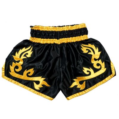 RĂĽckseite der Muay Thai Shorts Panda in Schwarz-Gold mit elastischem Bund und traditionellem Design.