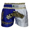 Muay Thai Shorts in Blau-Weiß mit goldener Stickerei und breitem elastischem Bund.